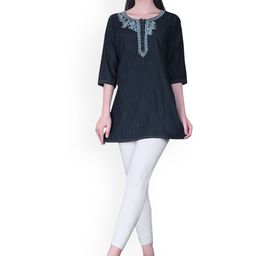 CEFALU Floral Yoke Design Thread Work Denim Straight Kurta-image-14