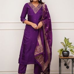 KALINI Floral Embroidered Chanderi Silk Kurta With Trousers & Dupatta-image-32
