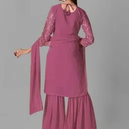 PARROT CREATION Geometric Embroidered Georgette Straight Kurta With Sharara & Dupatta image 4