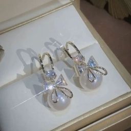 Estailo fashion Stainless SteelGold-Plated Pearl Beaded Circular Perky Bow Drop Earrings-22