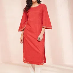 Fabindia Ethnic Motifs Woven Design Beads and Stones Cotton Straight Kurta-25