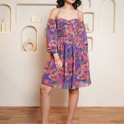 PURVAJA Women Floral Printed Off-Shoulder Puff Sleeve Fit & Flare Dress-image-106