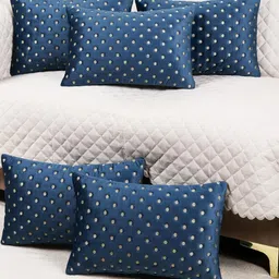 Modern Minimalist Rectangle Cushion Covers Set of 5 | 12x18 Inches Velvet Pillow Covers | Decorative Dot Design Blue Color-12