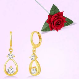 Peora Gold-Plated Cubic Zirconia Studded Teardrop Shaped Drop Earrings With Red Rose-10