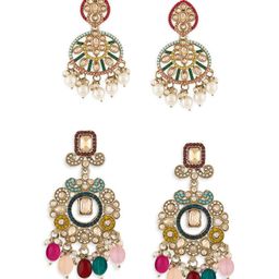 Zaveri Pearls Set Of 2 Gold-Plated Stones Studded & Beaded Floral Shaped Drop Earrings-9