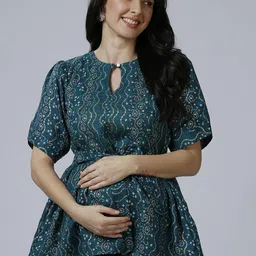 Mom For Sure by Ketki Dalal Women Print Keyhole Neck Puff Sleeve Ethnic Cotton Peplum Top-image-22