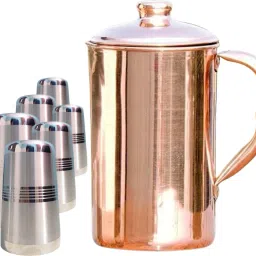 SHINI LIFESTYLE Pure Copper Jug and Premium quality steel Glass set,Water Jug,gilas set 7PC Jug Glass Set-image-5