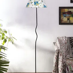 Devansh White & Blue Printed Frustum Floor Lamp With Shade-18