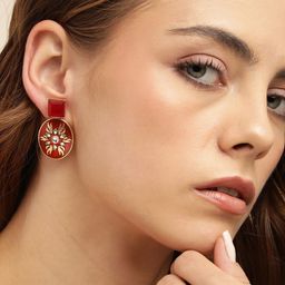 Anouk Gold-Plated Artificial Stones Studded Meenakari Geometric Shaped Drop Earrings-12