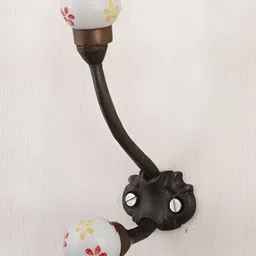 IndianShelf White & Yellow Floral Printed Ceramic Wall Hooks-16