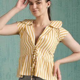 HOUSE OF MIRA Striped Ruffle Collar Cotton Shirt Style Top-picture-7