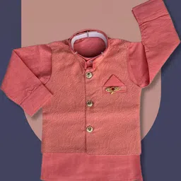 Qutie Ninja Boys Pink & Peach Kurta With Pyjama & Wait Coat With Dhoti Set image 3