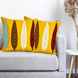 Vinayaka Fab Blue & Yellow 2 Pieces Floral Embroidered Velvet Square Shaped Cushion Covers-55
