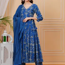 Mizaz Floral Printed V-Neck Angrakha Thread Work Pure Cotton Kurta with Trousers & Dupatta-picture-23
