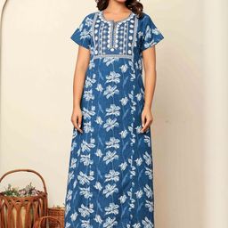 Nihsamah Women Blue Cotton Premium Printed Embroidered Maxi Nightdress-picture-12