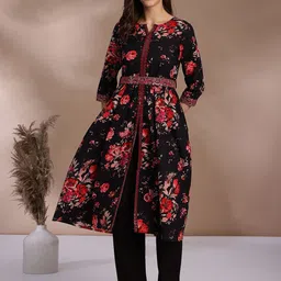 EthniFlair Women Floral Embroidered Empire Mirror Work Pure Cotton Kurta with Trousers-17