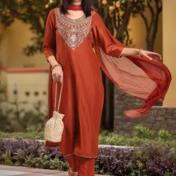 GoSriKi Floral Embroidered Thread Work Straight Kurta With Trousers & Dupatta-picture-23