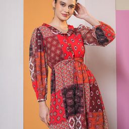 MILOST breeze & bloom Women Ethnic Motifs Printed Ruffled Georgette Fit & Flare Dress-image-31