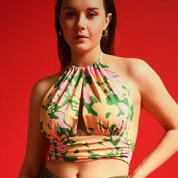 TANDUL Floral Print Halter Neck Styled Back Crop Top-image-56