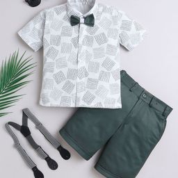 FOURFOLDS Boys Printed Short Sleeves Shirt With Shorts & Suspenders-15