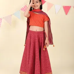 Fabindia Girls Floral Printed Cotton Lehenga With Blouse & Dupatta-picture-31