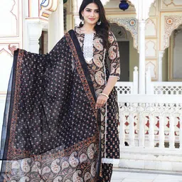 ELVISH JAIPUR Paisley Printed Embroidered Pure Cotton Kurta With Trouser And Dupatta-22