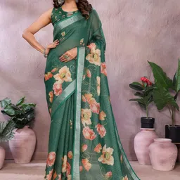 KALINI Green Printed Linen Blend Jamdani Sarees-picture-40