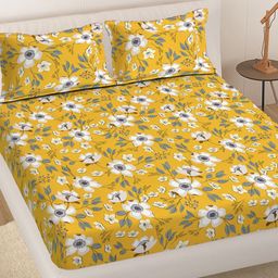 Myntra Elegant Homes Yellow & White Floral 300 TC King Bedsheet with 2 Pillow Covers-picture-35
