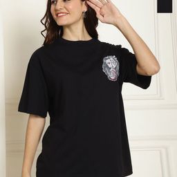 Metronaut Women Pack of 2 Graphic Printed Round Neck Cotton Oversized T-shirts-image-96