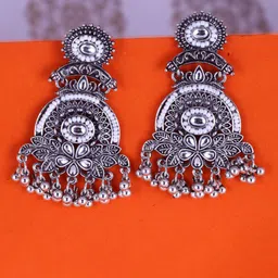Sangria Silver-Plated Kundan-Studded Oxidised Drop Earrings-86