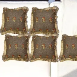 CASA-NEST Brown 5 Pieces Floral Embroidered Silk Square Cushion Covers-34