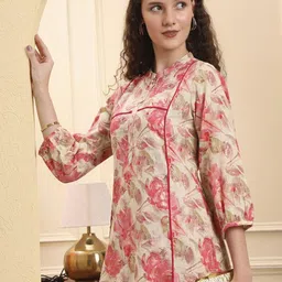 Yufta Floral Printed Linen Mandarin Collar Linen A-Line Kurta With Trousers-picture-27
