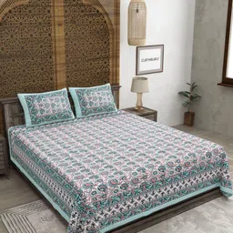 CLOTHOLOGY Sea Green & White Floral 180 TC King Bedsheet with 2 Pillow Covers-picture-19