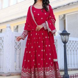 KALINI Embroidered Round Neck Ethinc Dress With Dupatta-image-54