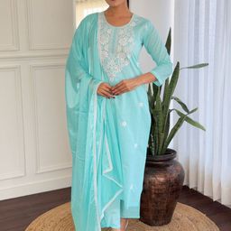Moda Rapido Women Floral Embroidered Regular Thread Work Pure Cotton Kurta with Trousers & With Dupatta-57