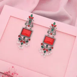 Anouk Silver-Plated Stones Studded & Pearls Beaded Square Oxidized Drop Earrings-80