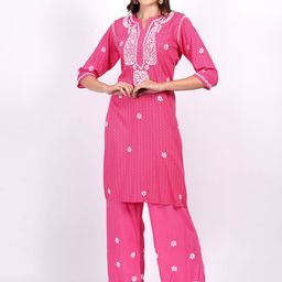 SUFIZA LIFESTYLE Floral Embroidered Round Neck Tunic With Palazzos Co-Ords-image-12