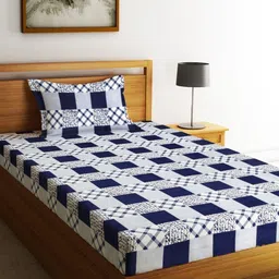 Fashion String Blue & White Geometric 144 TC Single Bedsheet with 1 Pillow Covers-14
