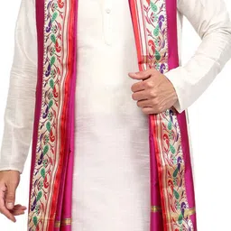 RAMESHWARAM FABRICS Men Solid Kurta with Dhoti Pant & Dupatta image 4