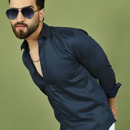 Indian Needle Classic Polka Dot Printed Spread Collar Pure Cotton Pocket Shirt-image-7
