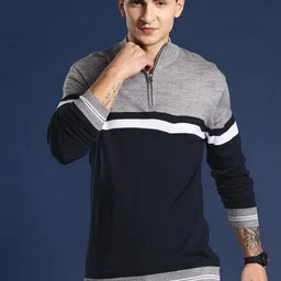 mast & harbour Men Colorblock Scoop Neck Blue Sweater-picture-3