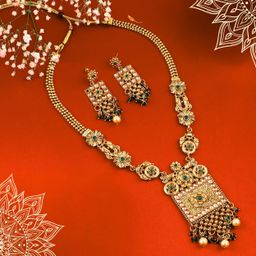 ORANGENYSHA Gold Plated Kundan Stone Studded & Beaded Jewellery Set-image-88
