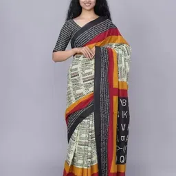 TROPWEAR Ethnic Motifs Linen Blend Block Print Saree-picture-10