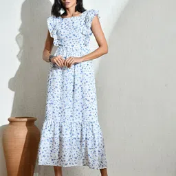 IUGA Women Floral Print Flutter Sleeve Georgette Fit & Flare Midi Dress-picture-10