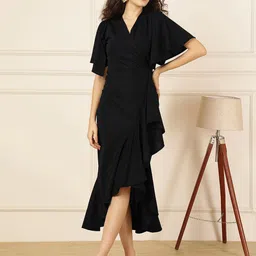 Selvia Women Solid Black V-Neck Ruffles Detail Fit & Flare Wrap Midi Dress-image-8