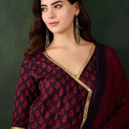 Sangria Printed V-Neck Gotta Patti Regular Pure Cotton A-Line Kurta & Trouser With Dupatta-5