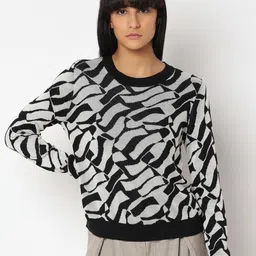 Vero Moda Women Black and Grey Full Sleeves Round Neck Printed Pullover Sweaters-image-52