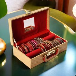 Myntra Elegant Homes Gold-Toned Printed Wooden 2 Rod Mirror Number Lock Velvet Bangle Box-28