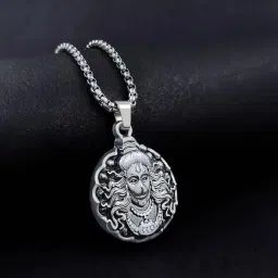 Hanumanji With Gada Silver Pendant Chain Silver Alloy Black Silver Stainless Steel, Alloy Locket-27