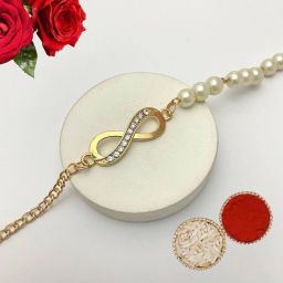 Bracelet Infinity Pearl Rakhi for Brother Bhai with Roli Chawal/Raksha Bandhan Gift Gold Finish Rakhi, Chawal Roli Pack Set-image-9